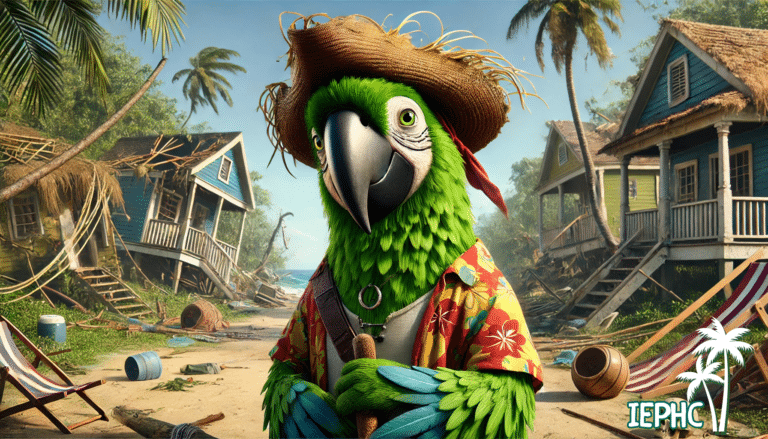 A green McCaw parrot in a colorful Hawaiian shirt and straw hat stands on a storm-ravaged tropical beach. Damaged beach houses and downed foliage surround him, but the parrot smiles optimistically, ready to help rebuild.